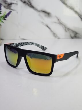 Men's Black Polarized Sunglasses with Orange Accent and Yellow Mirrored Lenses